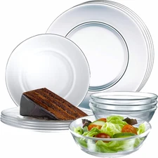 12Pc Glass Dinnerware Set - Sleek round Clear Glass Plate and Bowl Sets - Dishwa