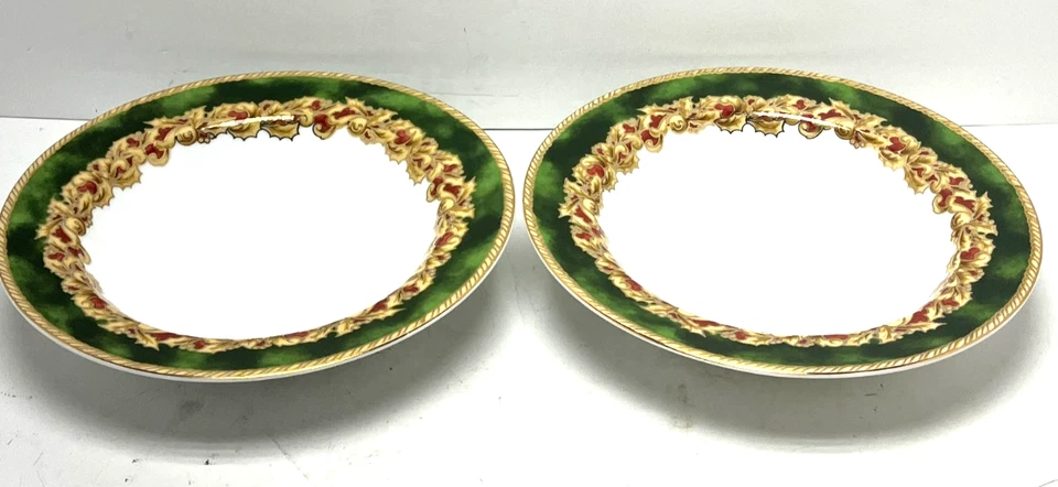 Lot of 2 Christmas American Atelier Noel Rimmed Soup Bowls Green Gold Rim - Image 2 of 4