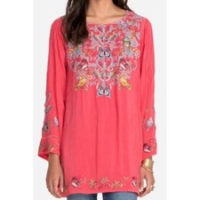 Johnny Was Farfalla Blouse Coral Pink Embroidered Birds Butterfly Top C18921-5 L