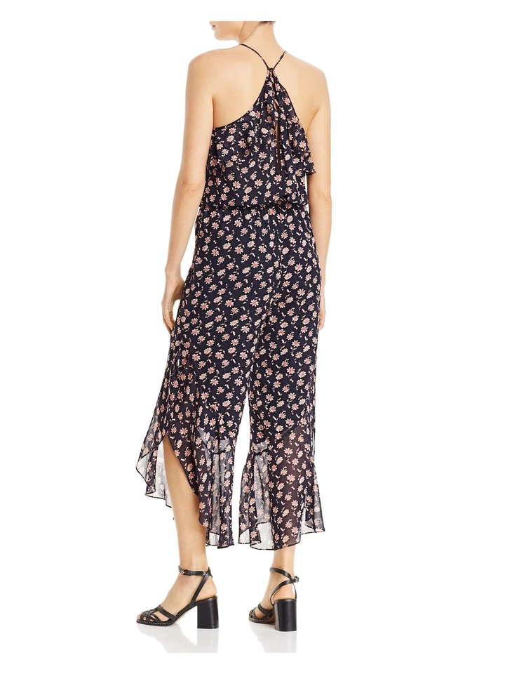 Mono JOIE Mujer Negro Seda Abertura Volantes Floral Halter Fiesta Pierna Ancha L Foto 2 de 4