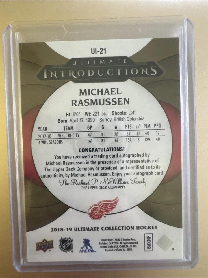 2018-19 Upper Deck Ultimate Collection -Introductions Michael Rasmussen - Image 2 of 2