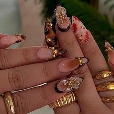 Medium Almond 3D Brown Gold Flower Press on Nails- Tortoiseshell Leopard French