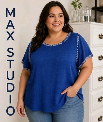 NWT MAX STUDIO Womens 3X Embroidery Crinkle Flutter Sleeve Stretch Navy Blue Top