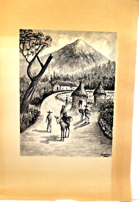 Ramiro Tapia Original Watercolor & Ink Coming Down the Hill with Crop on Burro