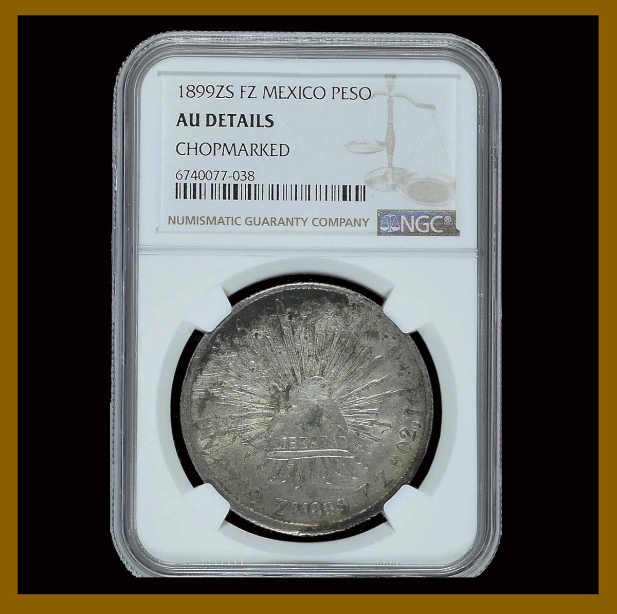 Mexico 1 Peso Silver Coin, 1899 Zacatecas Chopmarked NGC AU