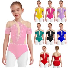 Kids Girls Dancewear Workout Leotard Ballerina Bodysuit One Piece Short Sleeve