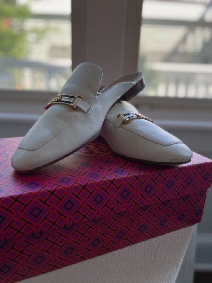 MOCASÍN SIN RESPALDO TORY BURCH AMELIA 9,5 M CUERO DE BECERRO MARFIL PERFECTO