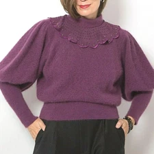 Vintage Angora Sweater  Purple Puff Sleeve Bead Embroidered Sweater Fit S M L