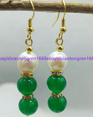 7-8mm Natural White Pearl & Green Jade Round Gems Beads Dangle Earring  - Picture 1 of 12