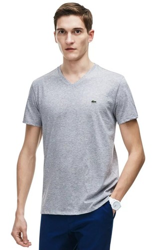 Mens LACOSTE Short Sleeve Gray V-Neck Tee T-Shirt Size 7/XL - Picture 3 of 8