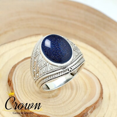 Blue Sandstone Oval Cut 925 Sterling Silver Handmade Men's Ring Jewelry
