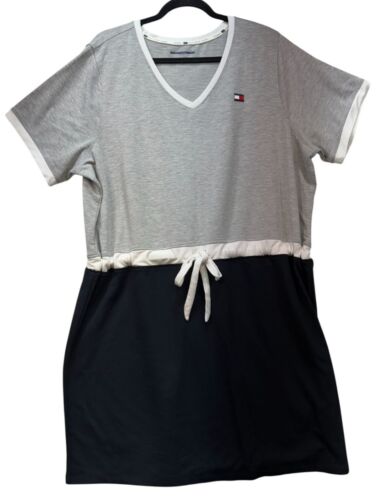 Tommy Hilfiger Sport Womens V-Neck Dress 2X Grey & Black Drawstring Waist
