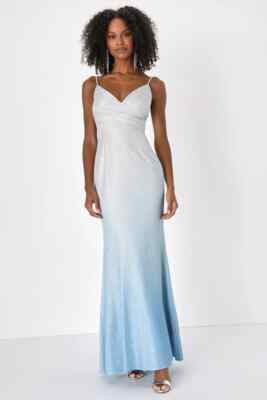 blue lurex dress Goddiva Plunge Neck Wrap Front Split Lurex Maxi Dress