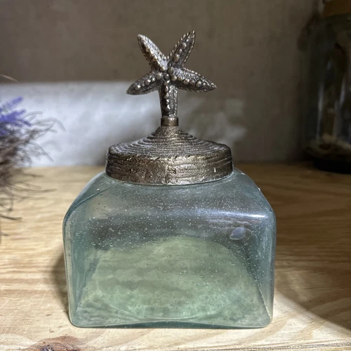 8" Tall Metal Star Fish On A Blue Glass Base