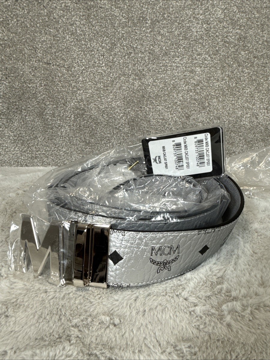 MCM Reversible Belt Mens Dark Gray Genuine Leather M Logo Silver