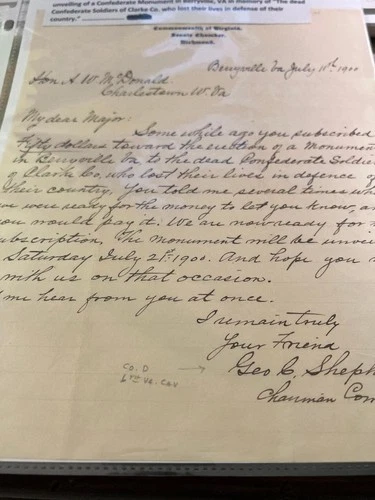 1900 Letter to A W McDonald Cmdr Laurel Brigade About Confederate Monument