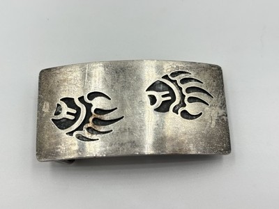 Vintage Hopi Signed Picto Mark Sterling Silver Overlay Bear Track Belt Buckle