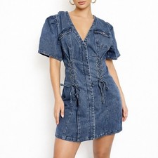 Forever 21 Denim Corset Dress 2X Blue Lace Up Bodycon Mini Y2K Sexy Festival New