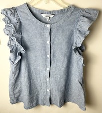 Other Stories Linen Cotton Top Ruffle Sleeves Blue 6 Button Down Stitch Trim