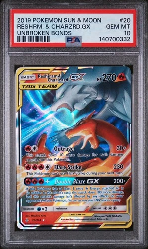 2019 POKEMON SUN & MOON UNBROKEN BONDS #20 RESHIRAM & CHARIZARD GX PSA 10