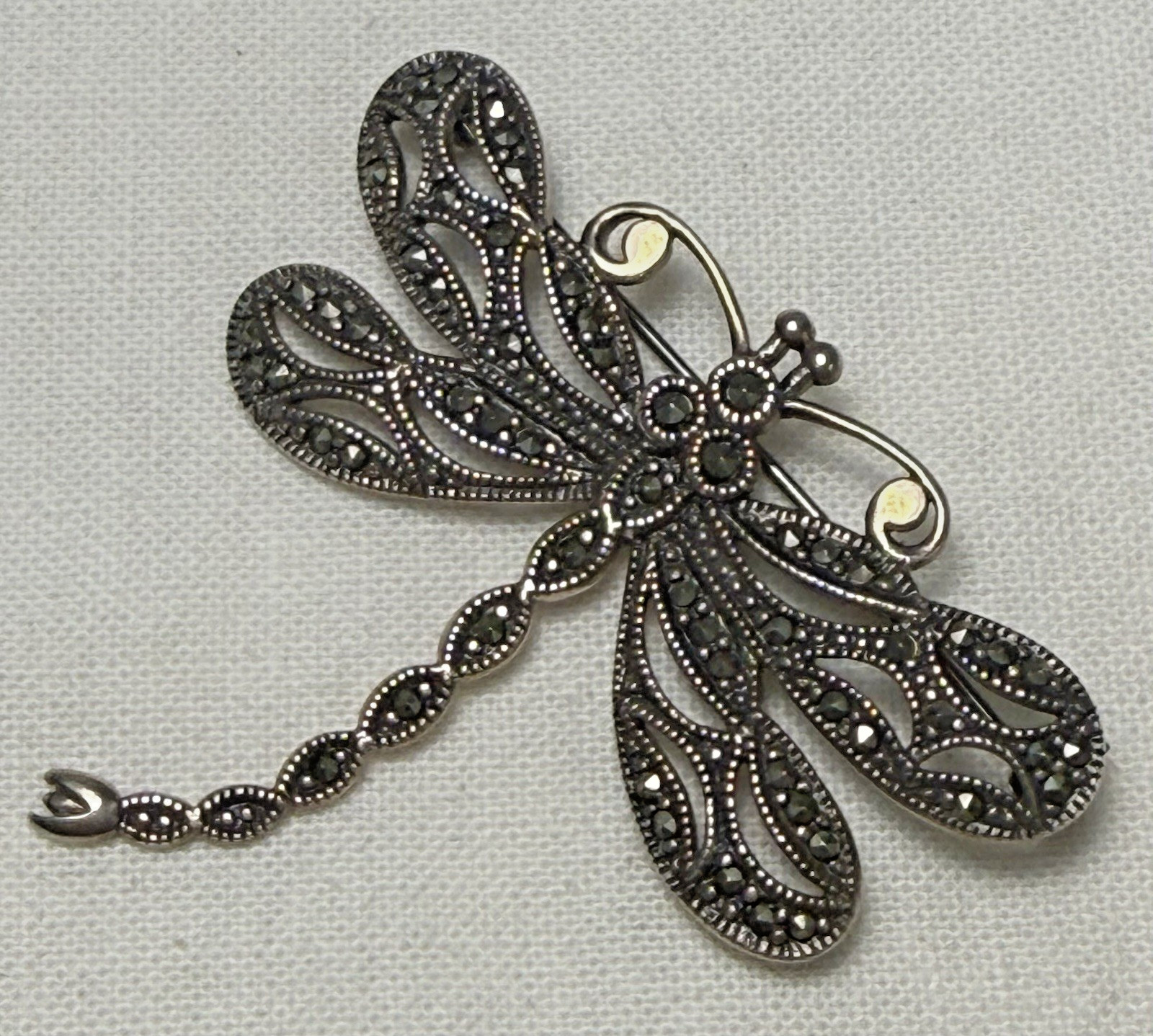 Large Art Deco sterling silver dragonfly brooch set with marcasite