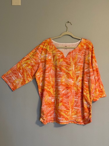 PALM GROVE WOMEN'S TOP. SIZE: 3X SPLIT NECK 3/4 SLEEVE ORANGE/YELLOW RHINESTONE - Picture 3 of 6