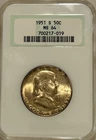 1951 S Franklin Silver Half Dollar NGC MS64 OFH/Nicely Toned
