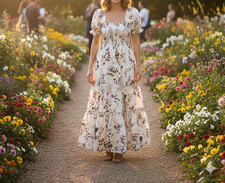 Tory Burch Printed Smocked Tiered Midi Dress Size Large Cream/Floral Fairy Boho