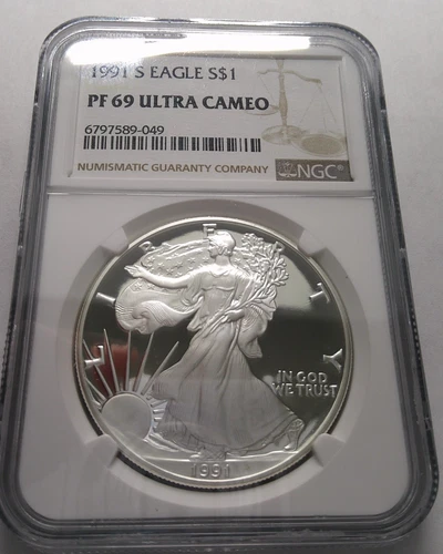 1991 S AMERICAN SILVER EAGLE PROOF DOLLAR 1 OZ NGC PF69 UCAM