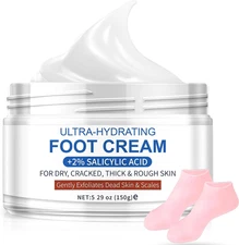 Ultra-Hydrating Foot Cream for Dry Cracked Heels and Feet, Pair with Silicone So