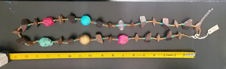 Деревянные блоки бирюзовые куски бирюзовый и розовый длинный бисер ожерелье заявление - Изображение 2 из 4