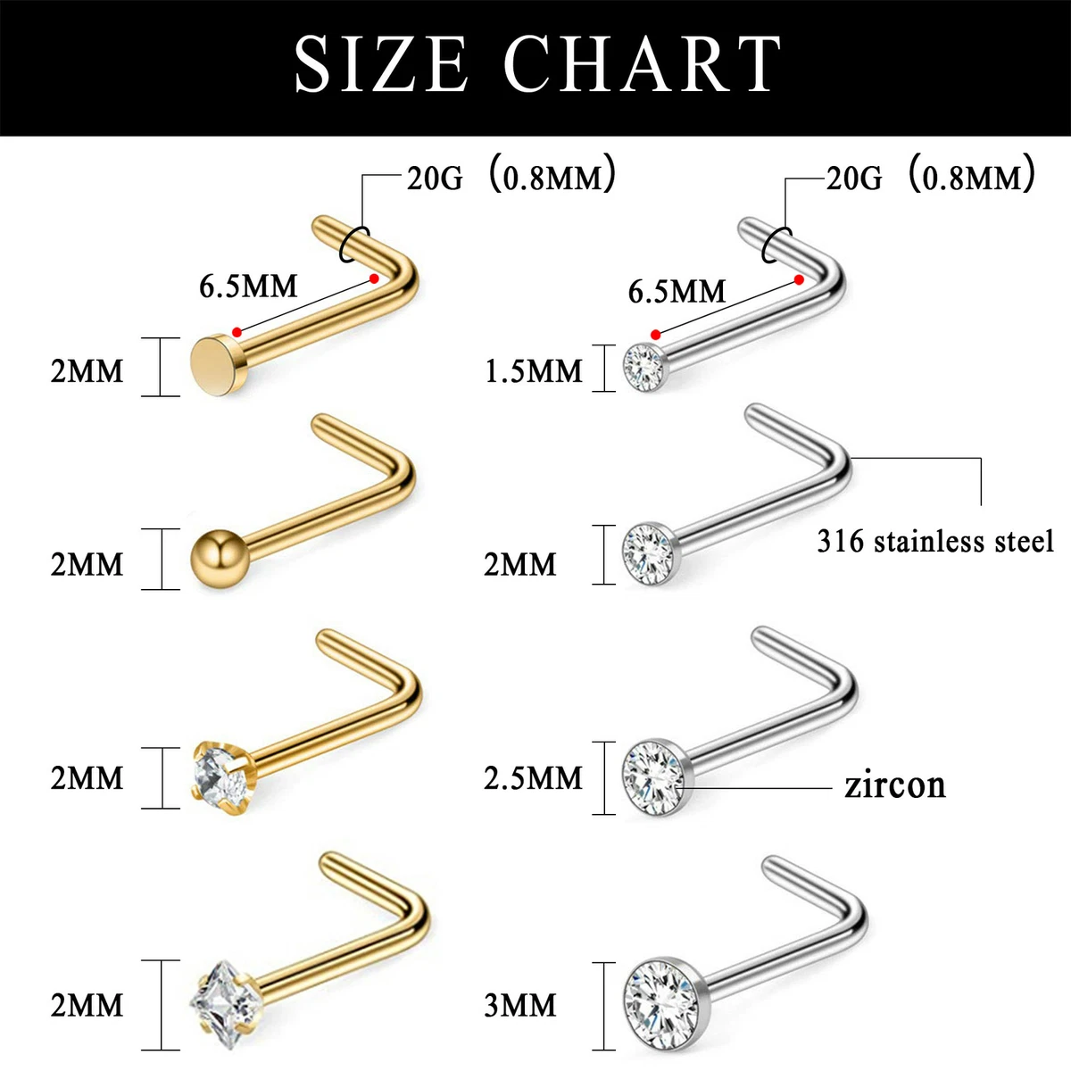 20G Surgical Steel Nose Stud Rings L Shaped Studs Screw Piercing Jewelry  10PCS