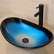 Cool Black-Edge Oval Vessel Sink Tempered Glass w/ORB Faucet Drain for Bathroom