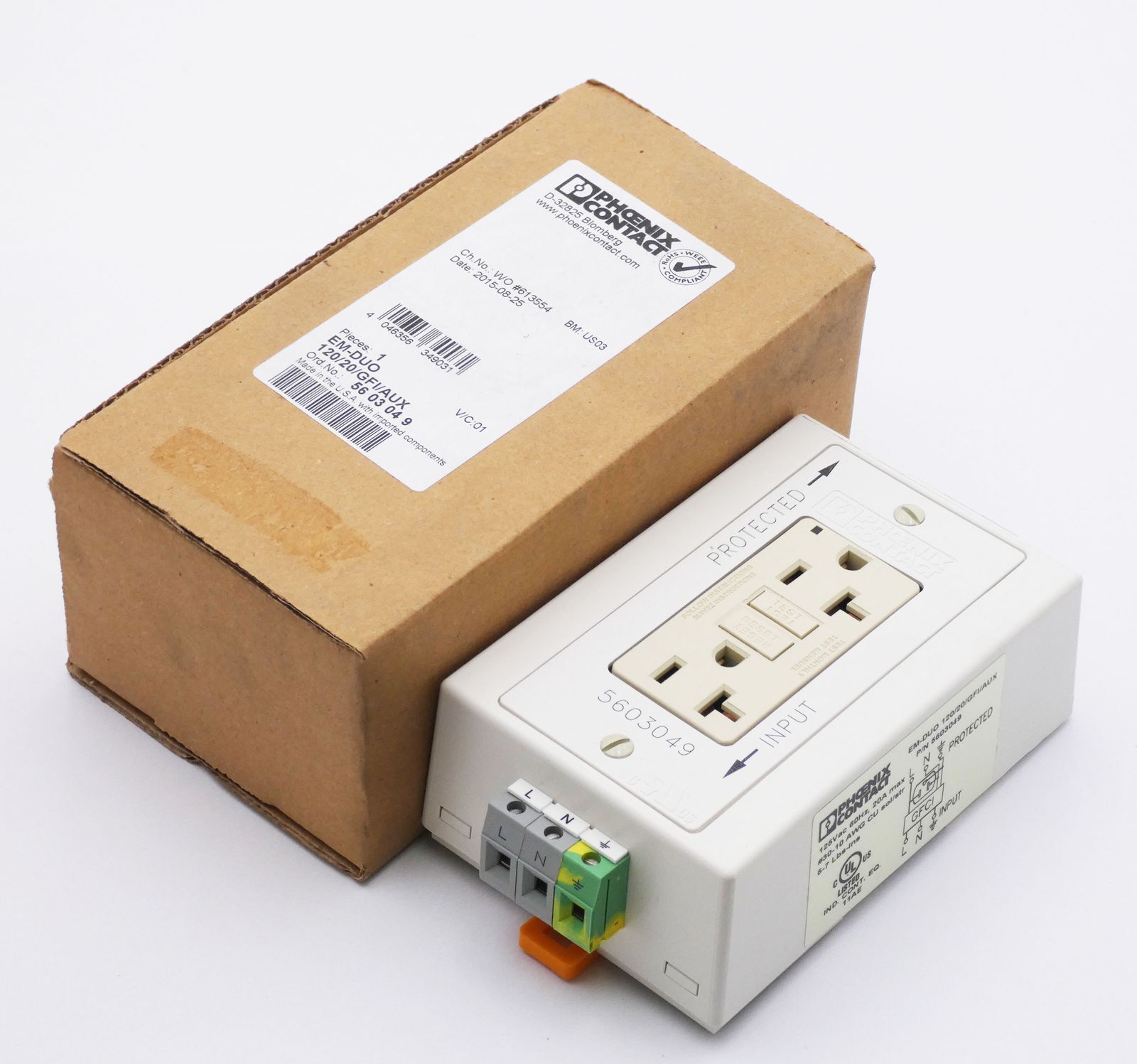 Phoenix Contact EM-DUO 120/20/GFI/AUX 5603049 125VAC 60Hz 20A -unused/original box-