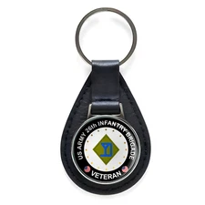 US Army 26th Infantry Brigade Veteran Black Leather Keychain Silver Keyring