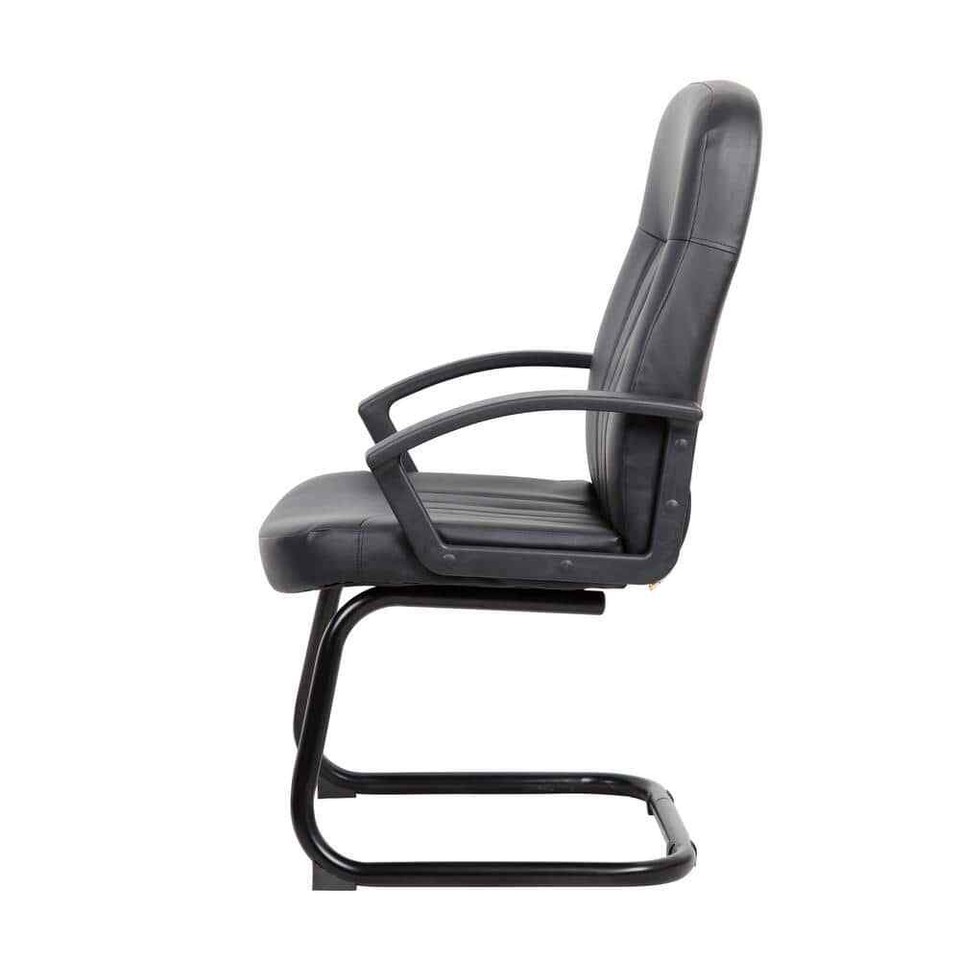 Office Guest Chair Black Leather Black Steel Frame Durable Nylon Arms
