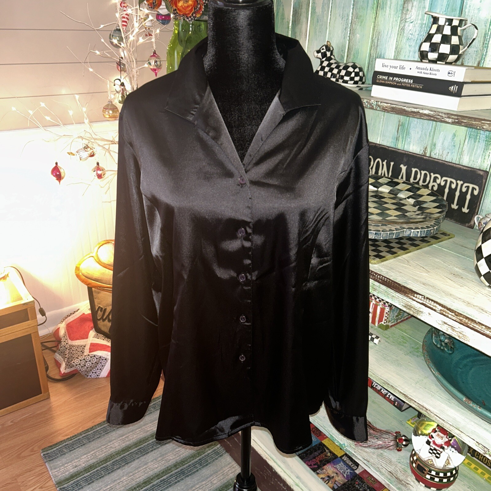 Impressions Black Satin Blouse Large Poly/Spandex