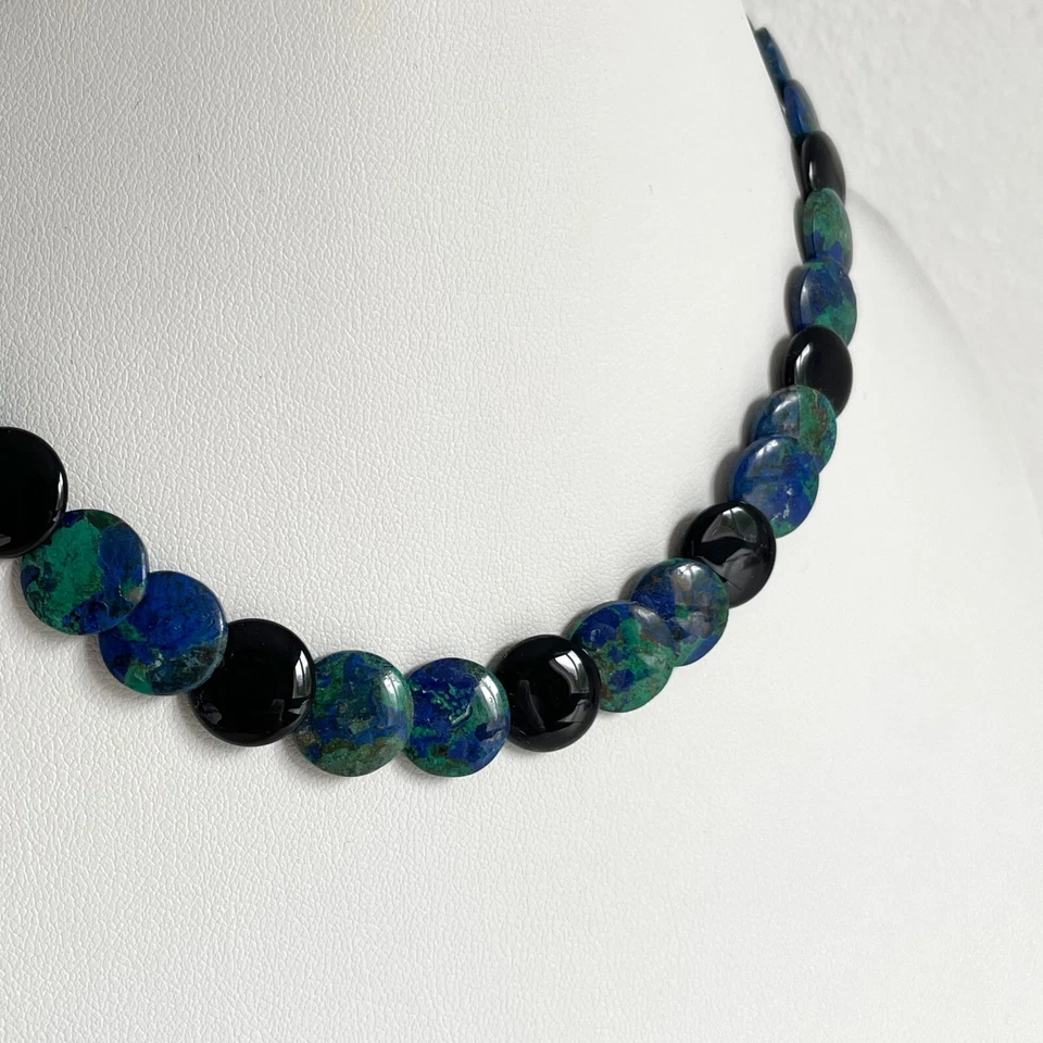 Collar Piedra Semipreciosa Vintage Azurita-Malaquita Ónix Negro Oro 14k Cuentas Foto 3 de 4