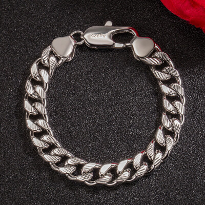 925 Sterling Silver Engraved 10mm Cuban Link Chain Bracelet Curb Chain Men's
