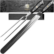 Kessaku 12" Carving Slicing Knife + 7" Meat Fork - AUS-10V Japanese Damascus