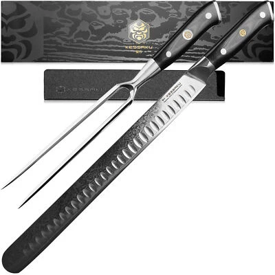 Kessaku 12" Carving Slicing Knife + 7" Meat Fork - AUS-10V Japanese Damascus