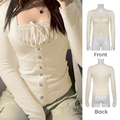 Sweet Cute Crop Top Lace Frill Bow Pullovers Vintage Square Collar T Shirt