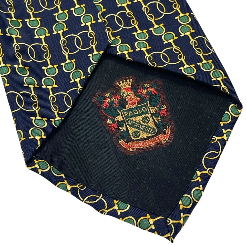 Винтажный дизайнерский шелковый галстук Paolo Gucci темно-синий зеленый и золотой узор Horsebit б/у в отличном состоянии - Изображение 3 из 4