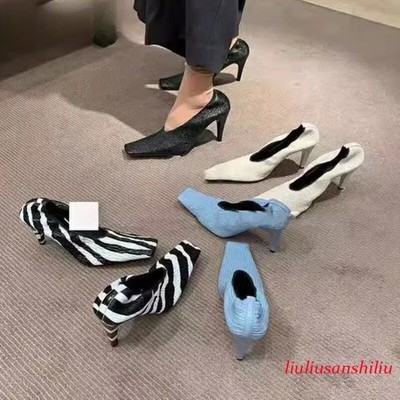 Women Square Toe High Heels Soft Pleated Elastic Thin Heel Pumps Party Shoes