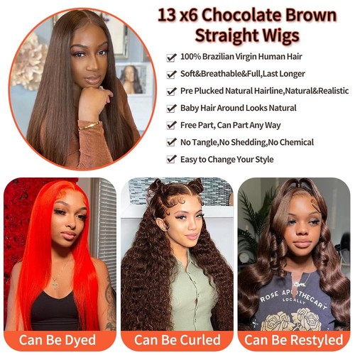 26 Inch Brown Straight Lace Front Wigs Human Hair Chocolate Brown Lace Front ... - Picture 5 of 6