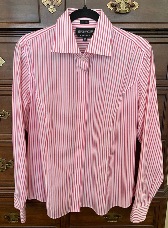 Jones NY Button Up Stretch 14 W Collection Pink Red White Stripe Long Sleeve