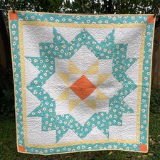 Studio Crafted Hand Made Quilt Machine Pieced Quilted Yellow Aqua 43" x 44"