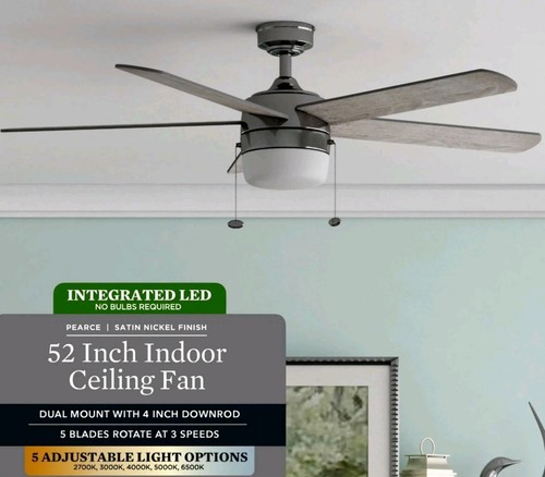 Ceiling Fan 52 in. Brushed Nickel Reversible 5 Blade Integrated LED Light Quiet - Picture 3 of 16