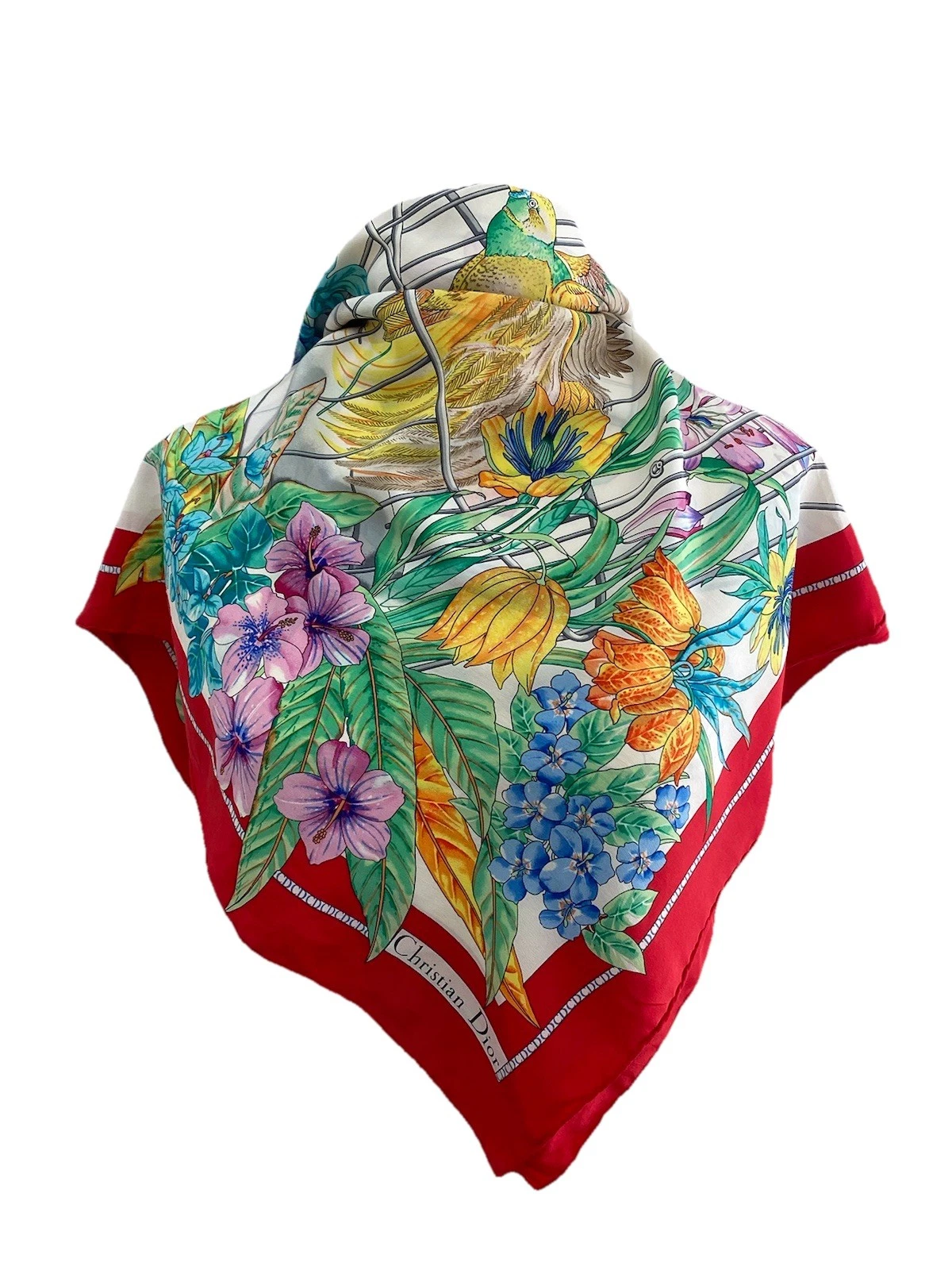 S37#Foulard Christian Dior en soie multicolore à fleurs 34 pouces