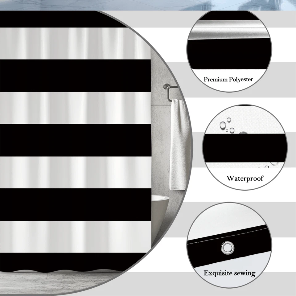 Cortina de Ducha a Rayas Blanco y Negro, Moderno Minimalista Audaz Patrón Horzontal Foto 3 de 4